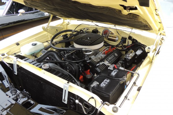 Mopar performance v8 engine under the hood of a classic muscle car