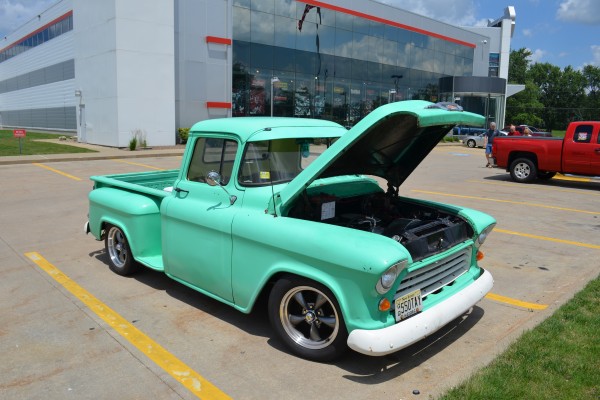 turquoise hot rod chevy pickup truck, front