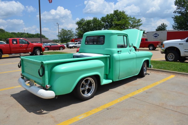 custom turquoise hot rod chevy pickup truck