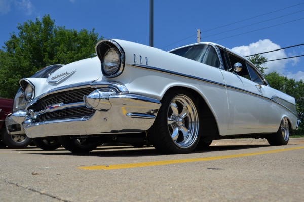 front low profile shot of a customized 1957 chevy bel air