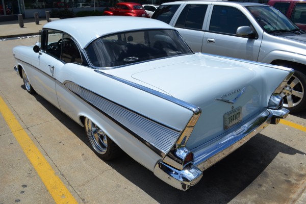 rear view of a 1957 Chevy custom car