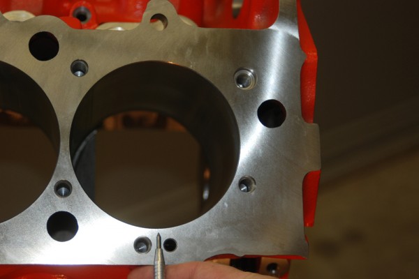 pointing to cylinder bore on a big block chevy engine block