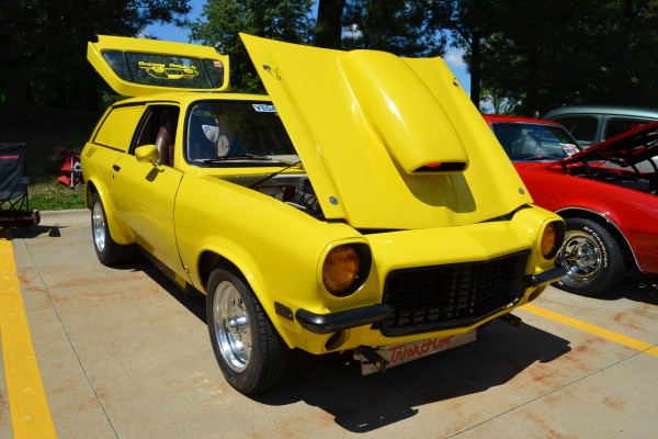 Chevy Vega hot rod wagon at car show, 2013