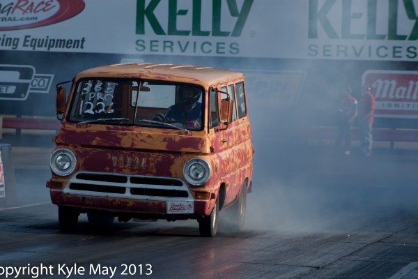 dodge d100 van doing a burnout at dragstrip