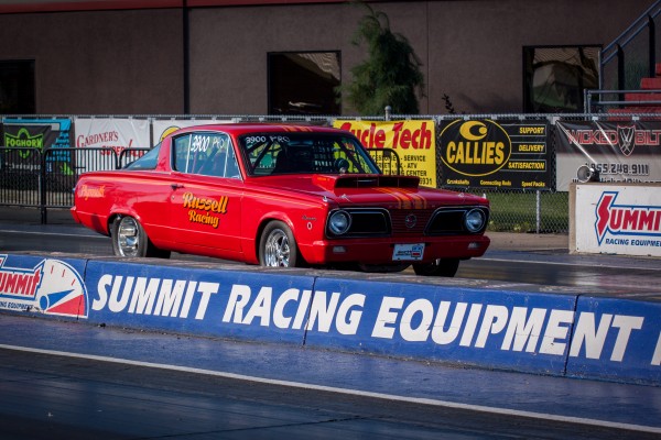 vintage plymouth barracuda nostalgia drag car staging at dragstrip