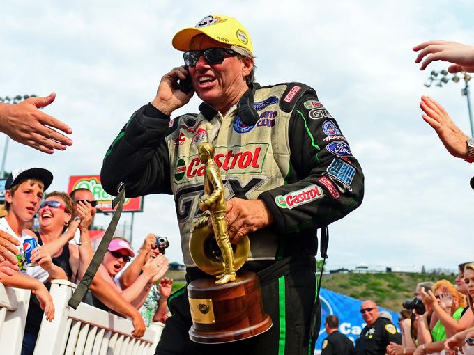 John Force celebrates NHRA Wally win on phone