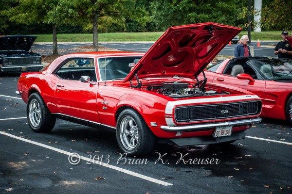 red 1968 Chevy Camaro SS 395 muscle car