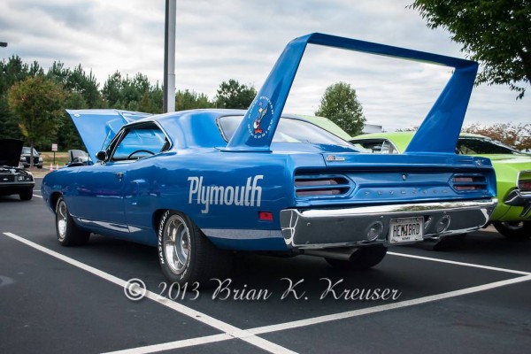 Blue 1970 plymouth Hemi superbird at Summit Racing