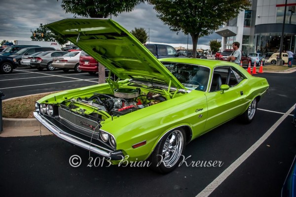 a lime green dodge challenger muscle car at Summit Racing