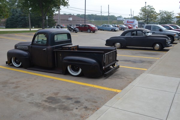 classic cars in summit racing parking lot near Akron Ohio