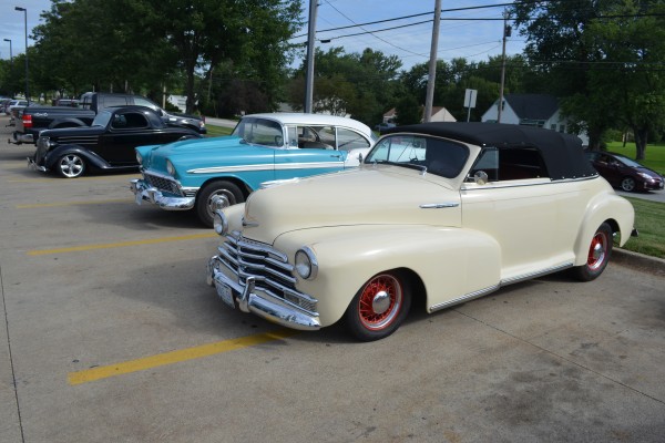 classic cars and hot rods parked at Summit Racing near Akron, Ohio