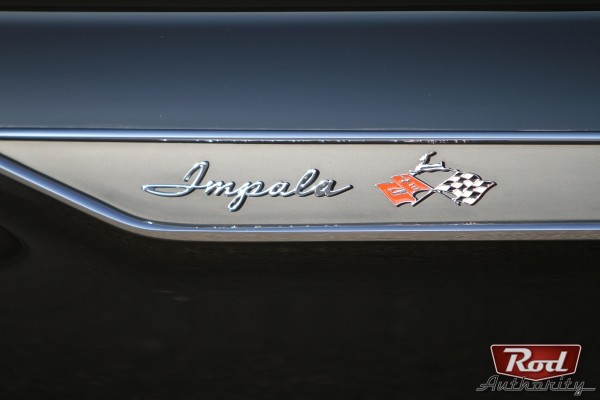 close up of fender badge on a 1961 Chevy Impala Hot Rod
