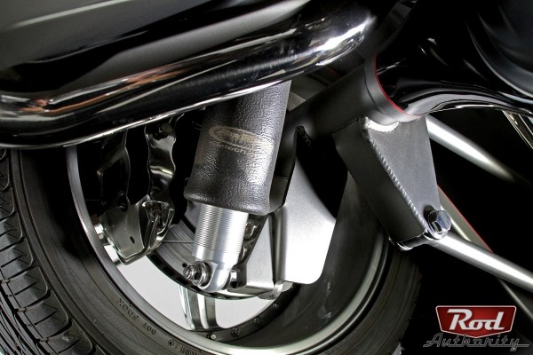 close up of rear adjustable suspension on a custom hot rod