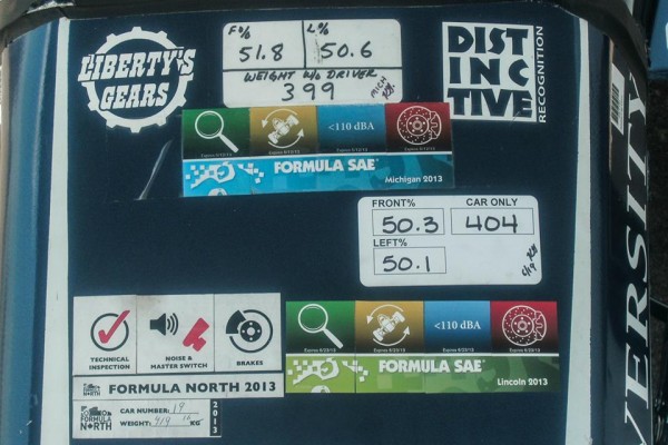 stickers on cowl of Kettering Formula SAE team race car