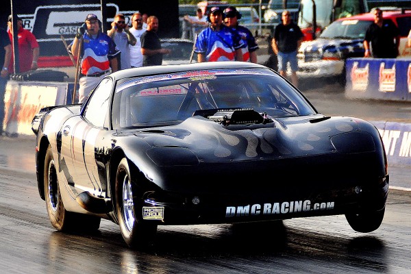 c5 corvette drag car launching at dragstrip