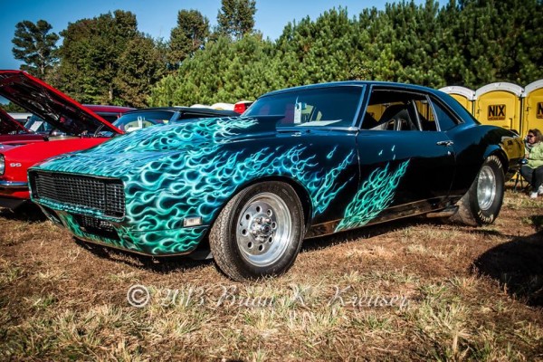 1968 chevy camaro drag car with flamed paint job