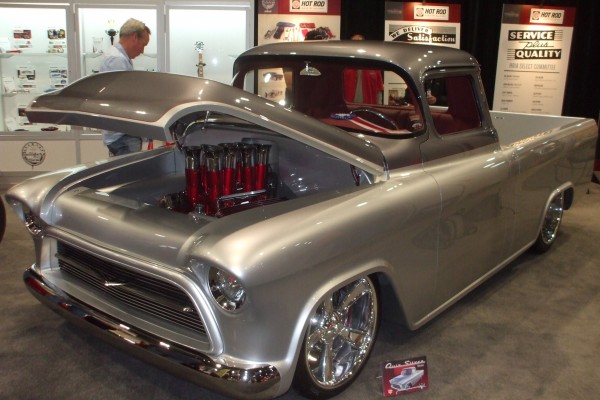 vintage chevy silver custom pickup truck displayed at SEMA 2013