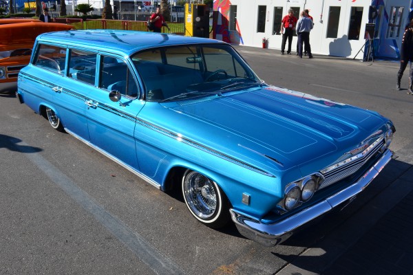 vintage chevy lowrider wagon with custom sparkle flake candy paint job