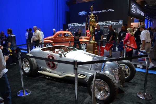 vintage hot rod roadster display at SEMA trade show
