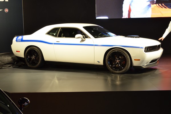 white dodge challenger hemi shaker at mopar press event