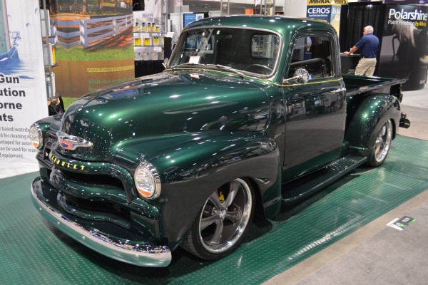 custom green chevy 3100 pickup truck displayed at SEMA 2013