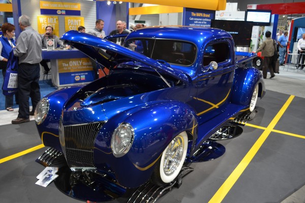 blue custom hot rod ford truck displayed at SEMA 2013