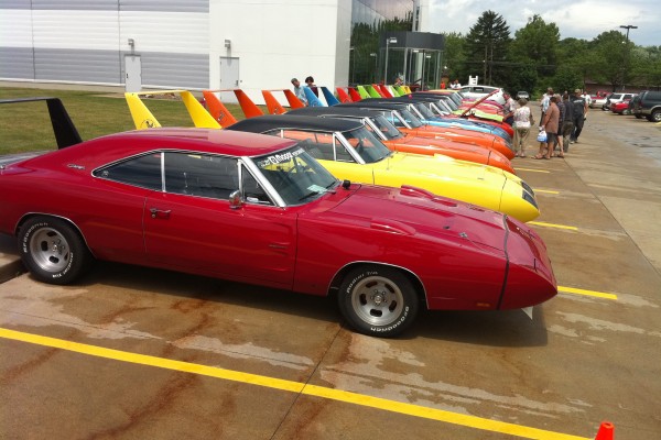 row of superbirds and daytonas at summit racing