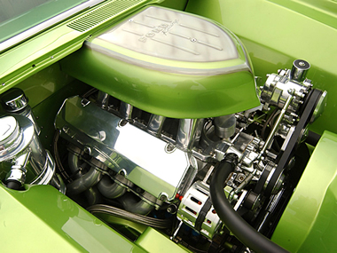 engine bay of a custom show car