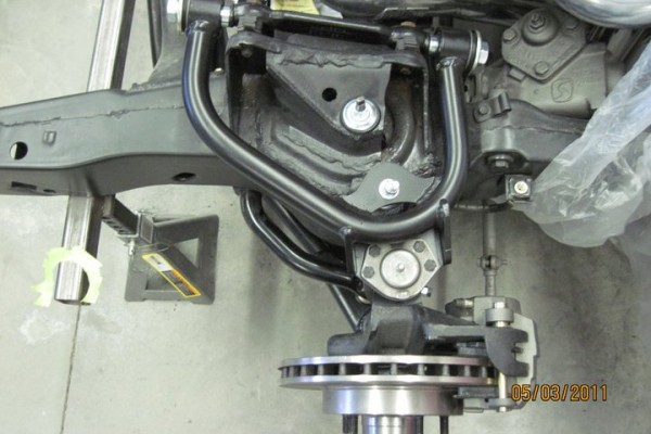 close up of front suspension on a 1967 chevy camaro subframe
