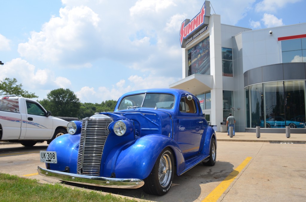 1938 chevy hot rod coupe parked at Summit Racing in Tallmadge, Ohio