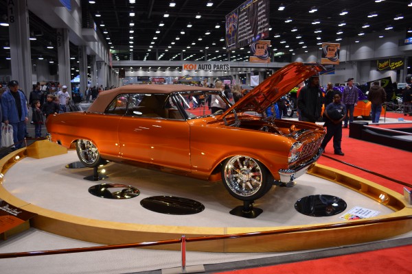 custom chevy 2 nova convertible show car displayed at indoor car show