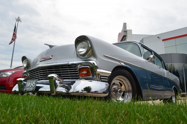 low profile shot of a 1956 Chevy Sedan