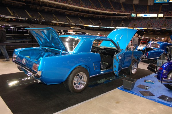 Customized blue first gen ford mustang notchback coupe