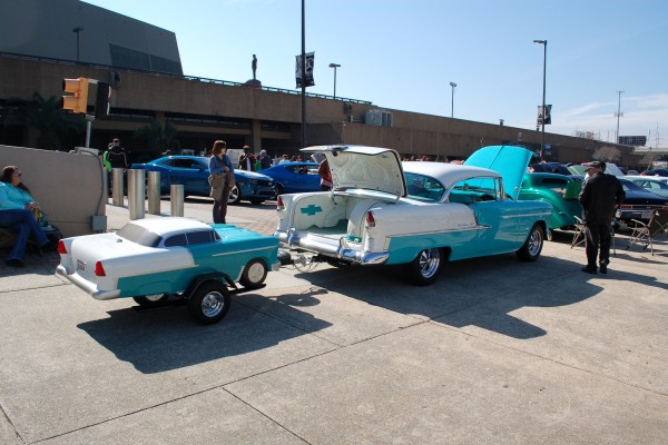 Custom 1955 Chevy pulling a custom identical trailer