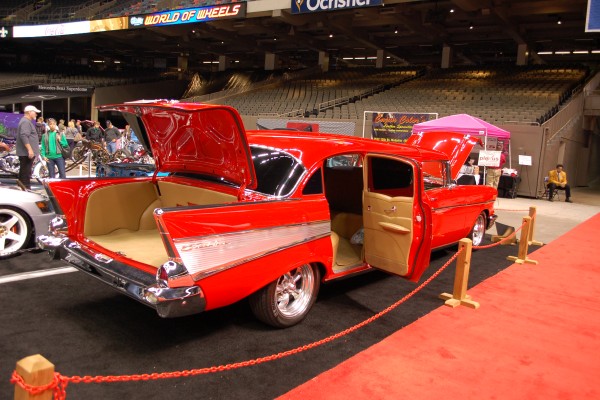 customized 1957 chevy turned into a limousine