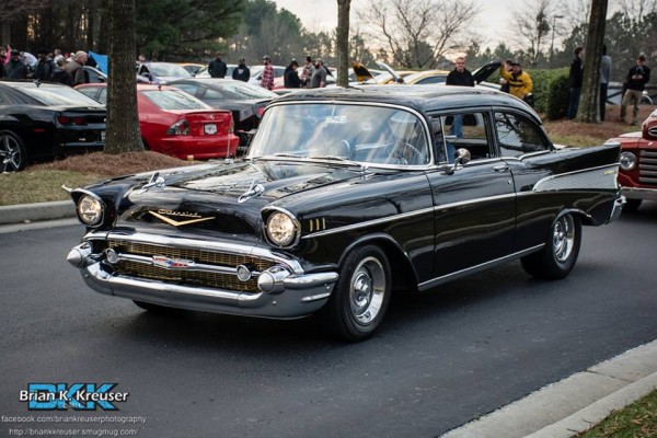 black 1957 chevy bel air 2 door post coupe