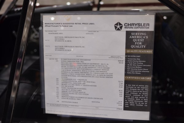 original window sticker for a 1965 plymouth satellite 426 super commando v8