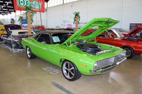 green custom plymouth barracuda with shaker hood