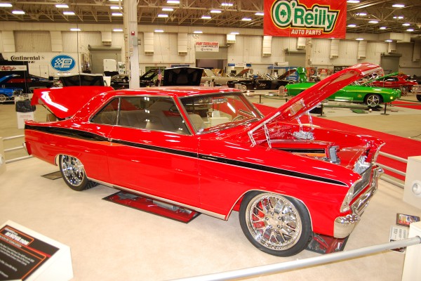 custom chevy 2 nova hot rod on display at indoor car show