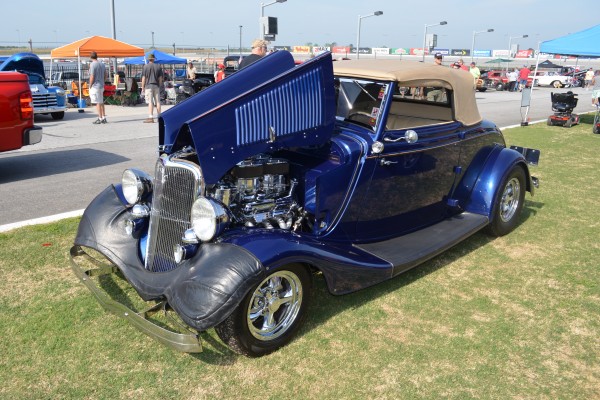 customized ford roadster hot rod with top up