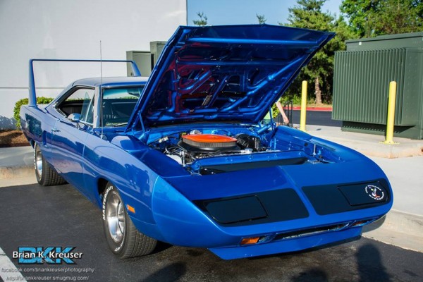 front quarter view of a blue 1970 plymouth roadrunner superbird