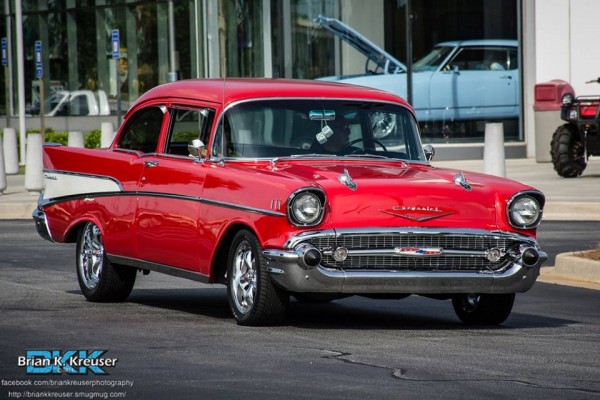 red 1957 chevy bel air 2 door post coupe