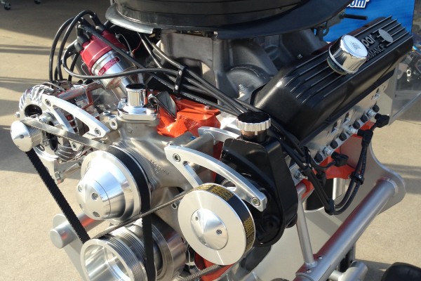 mopar v8 crate engine on a display stand