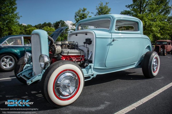 ford three window hotrod coupe with custom paint and whitewalls