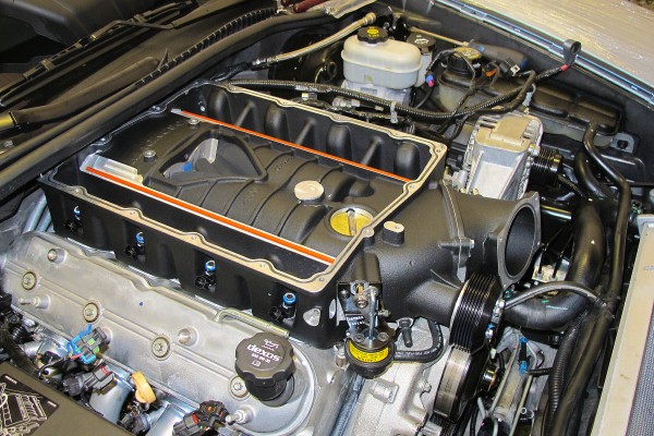 intercooler lid removed from a stock gm ls engine in a corvette