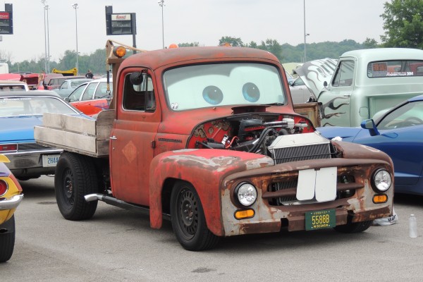 vintage truck done up with Mater eyes and teeth from the Pixar Cars movie