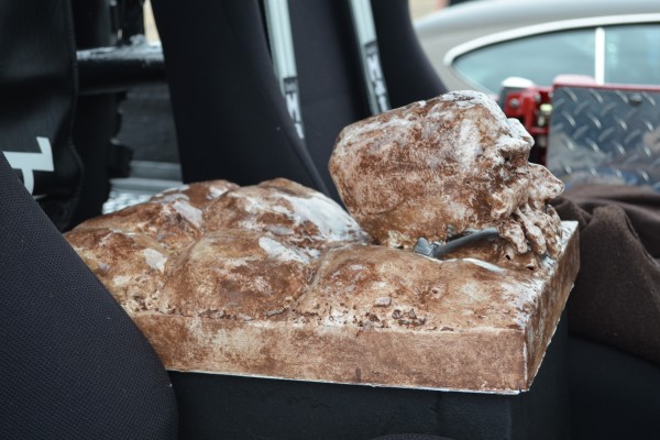 skull in a rat rod truck interior