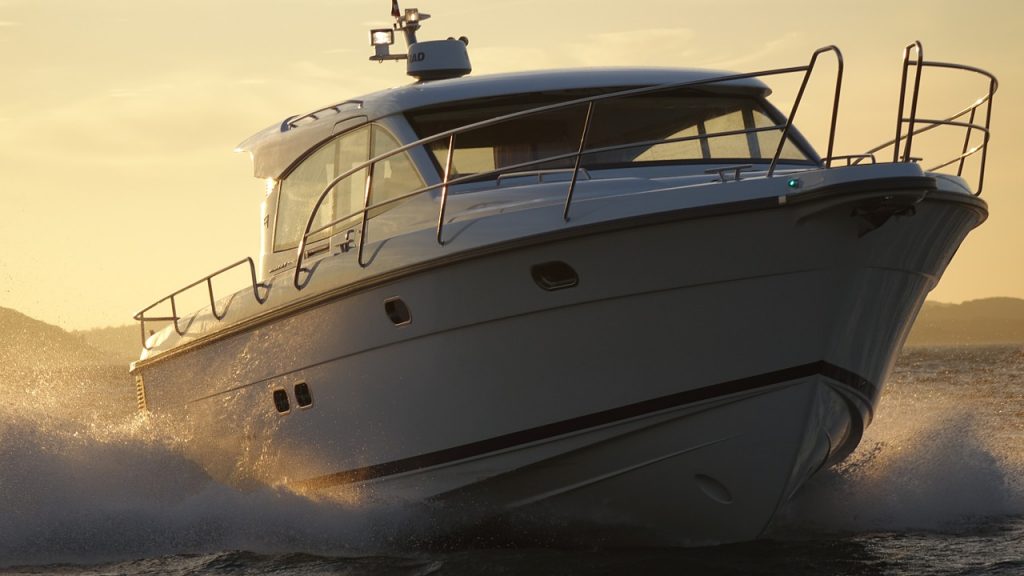 large cabin cruiser on a lake