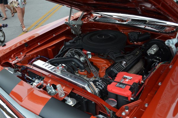 engine bay of a customized 197o plymouth barracuda