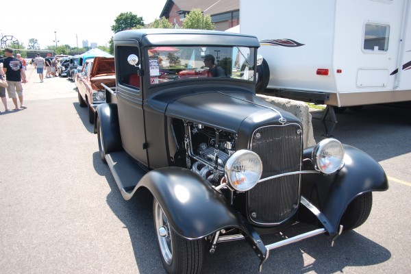 black ford hotrod truck with sbc v8